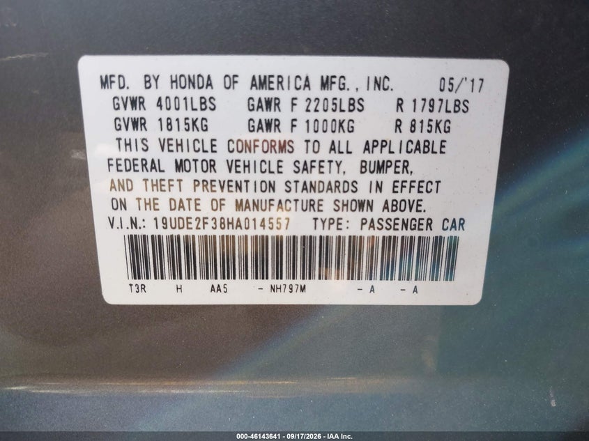 ACURA ILX 2017 VIN 19UDE2F38HA014557