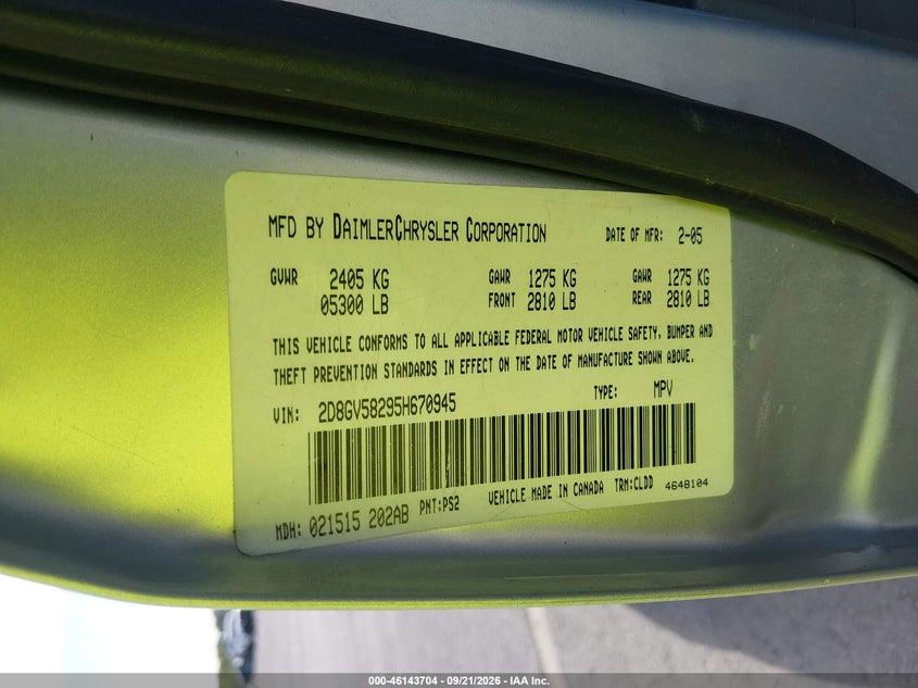 DODGE MAGNUM 2005 VIN 2D8GV58295H670945