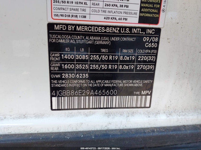 MERCEDES-BENZ ML 350 2009 VIN 4JGBB86E29A465600