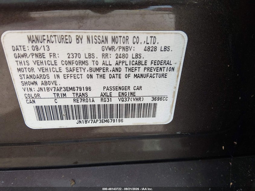 INFINITI Q50 2014 VIN JN1BV7AP3EM679196