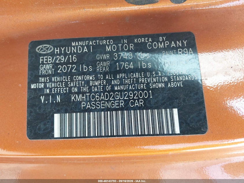 HYUNDAI VELOSTER 2016 VIN KMHTC6AD2GU292001