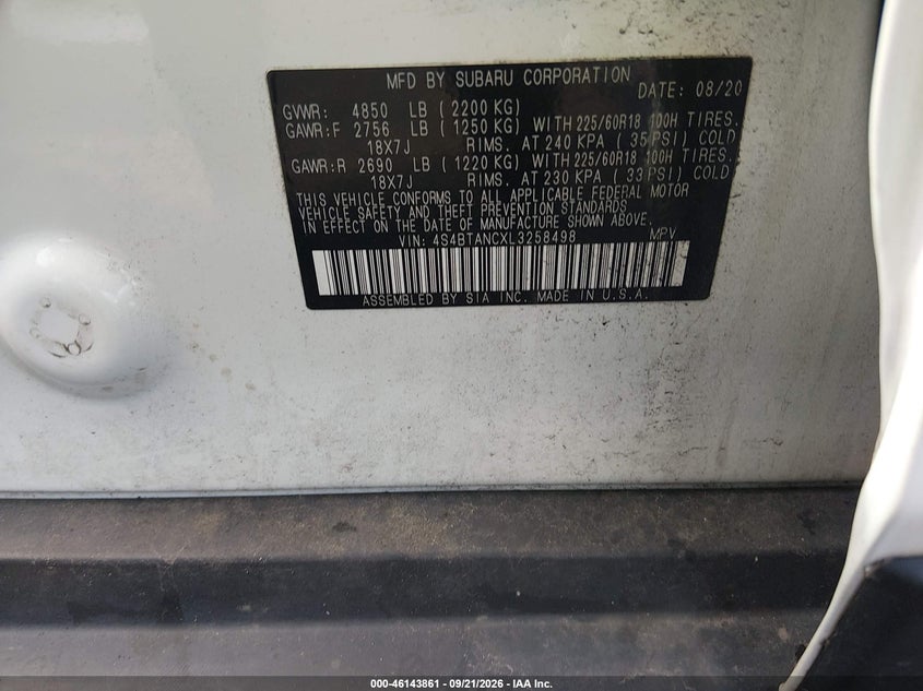 SUBARU OUTBACK 2020 VIN 4S4BTANCXL3258498