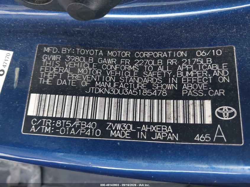 TOYOTA PRIUS 2010 VIN JTDKN3DU3A5185478