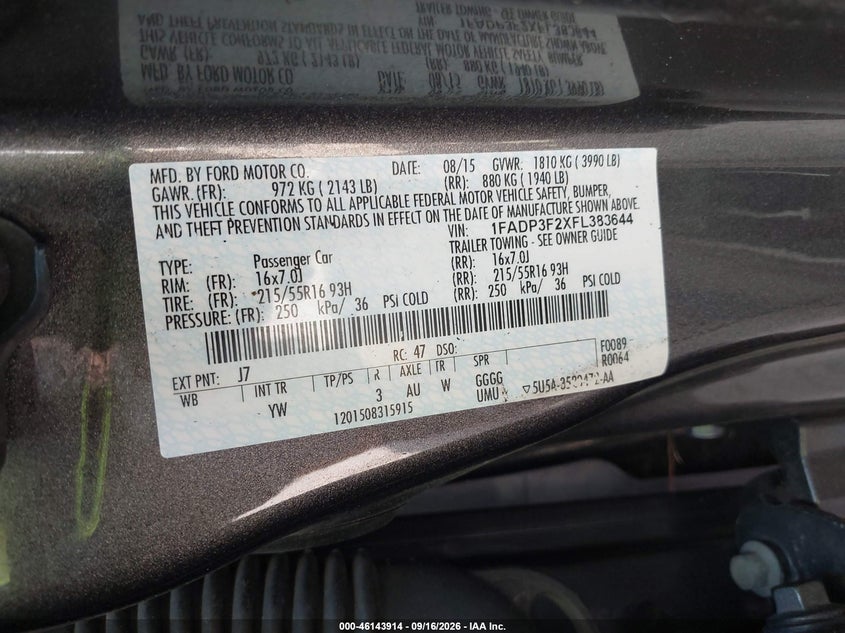 FORD FOCUS 2015 VIN 1FADP3F2XFL383644
