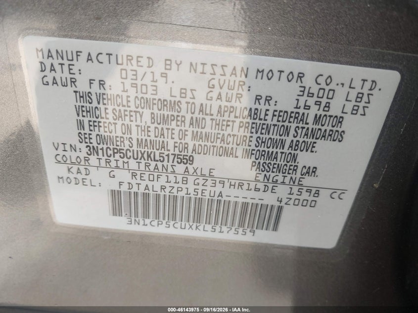 NISSAN KICKS 2019 VIN 3N1CP5CUXKL517559