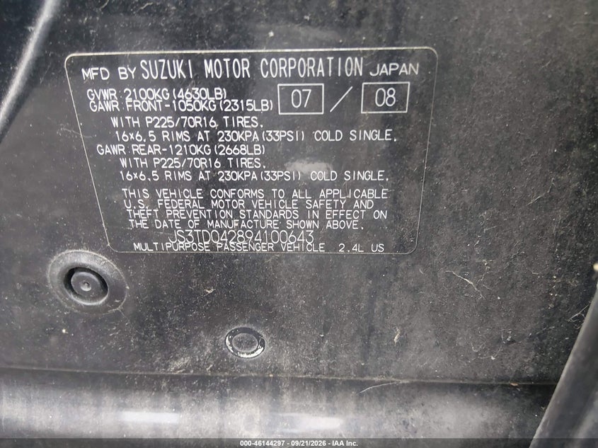SUZUKI GRAND VITARA 2009 VIN JS3TD042894100643