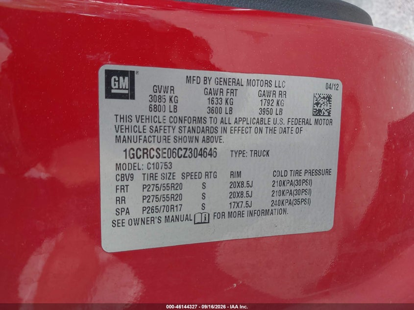 CHEVROLET SILVERADO 1500 2012 VIN 1GCRCSE06CZ304646