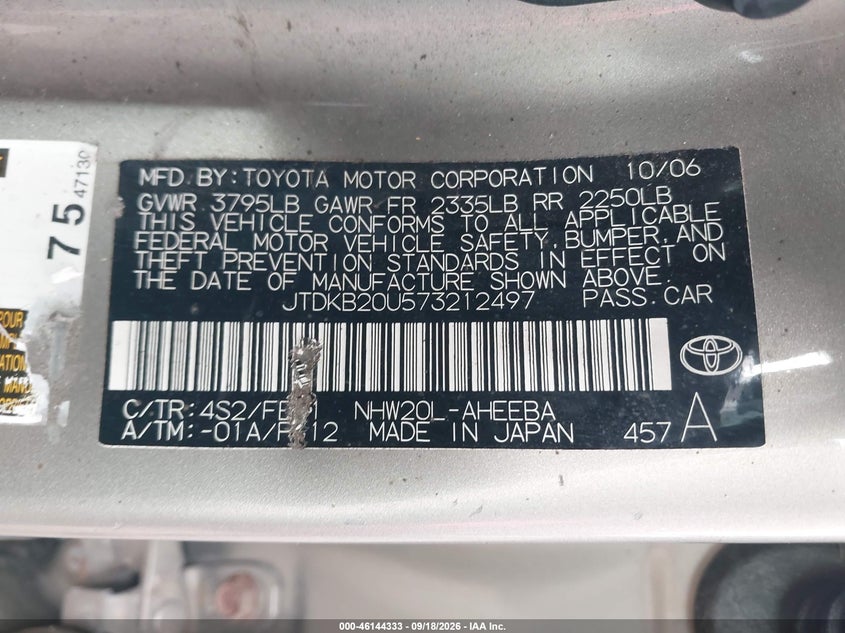 TOYOTA PRIUS 2007 VIN JTDKB20U573212497