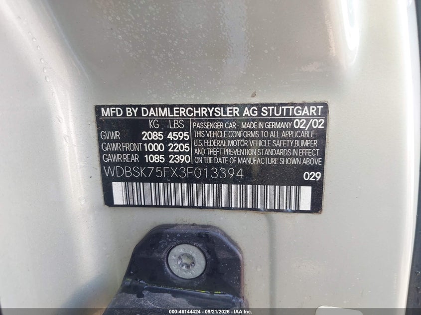 MERCEDES-BENZ SL 500 2003 VIN WDBSK75FX3F013394