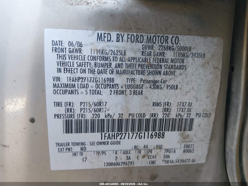 FORD FIVE HUNDRED 2007 VIN 1FAHP27177G116988