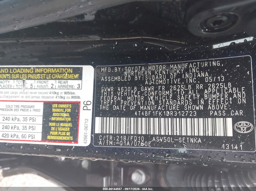 TOYOTA CAMRY 2013 VIN 4T4BF1FK1DR312723