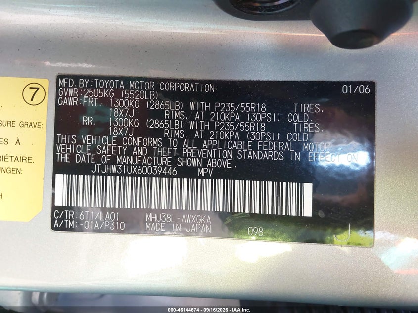 LEXUS RX 400H 2006 VIN JTJHW31UX60039446