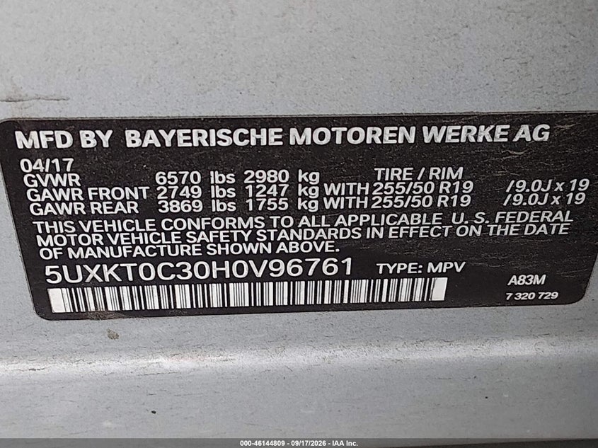 BMW X5 EDRIVE 2017 VIN 5UXKT0C30H0V96761