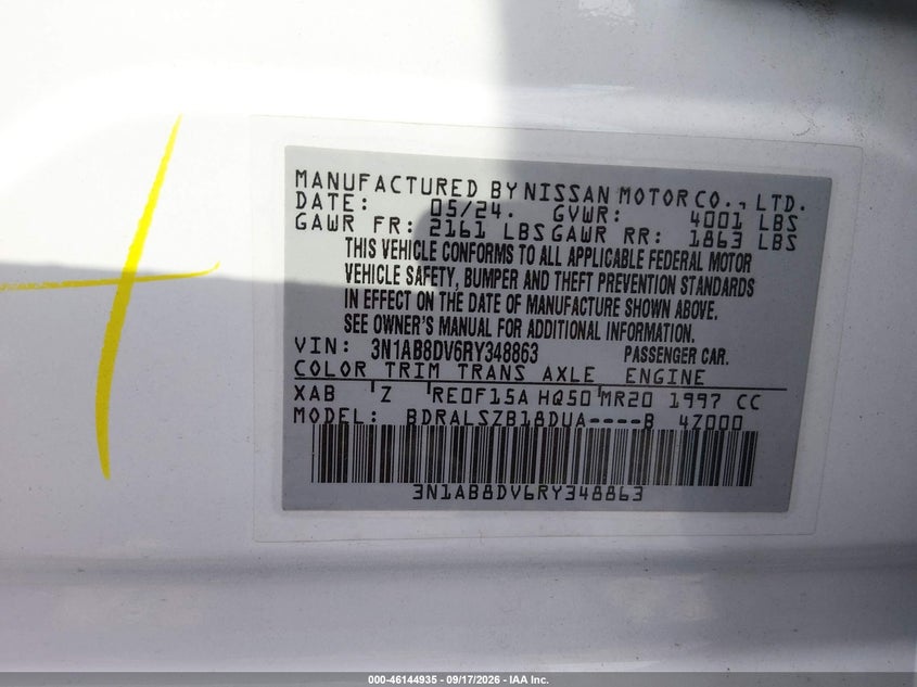 NISSAN SENTRA 2024 VIN 3N1AB8DV6RY348863