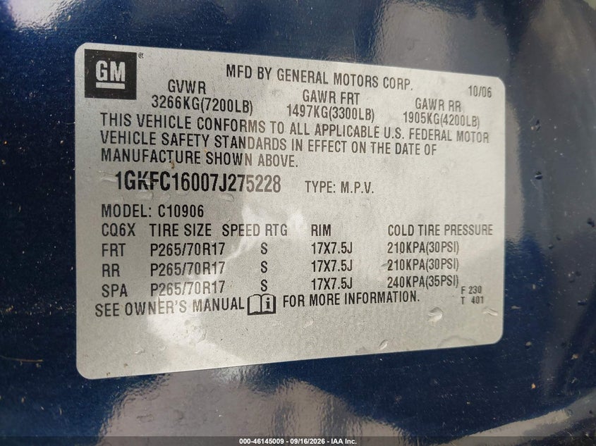 GMC YUKON XL 1500 2007 VIN 1GKFC16007J275228
