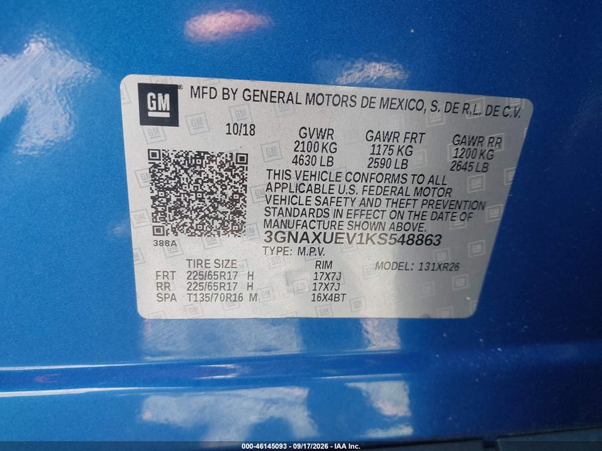 CHEVROLET EQUINOX 2019 VIN 3GNAXUEV1KS548863