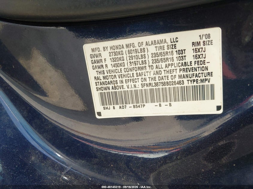 HONDA ODYSSEY 2008 VIN 5FNRL38758B026463