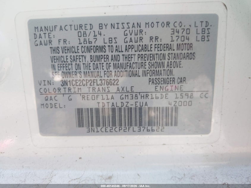 NISSAN VERSA NOTE 2015 VIN 3N1CE2CP2FL376622