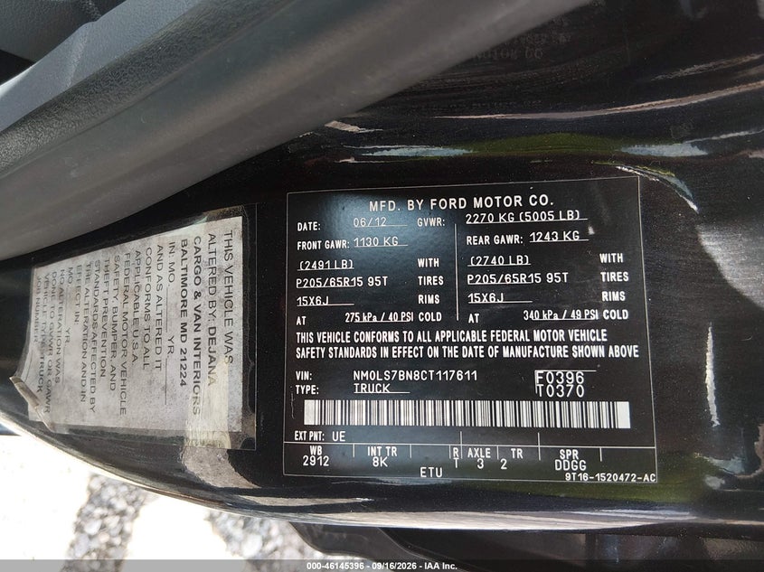 FORD TRANSIT CONNECT 2012 VIN NM0LS7BN8CT117611