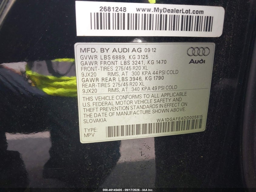 AUDI Q7 2013 VIN WA1DGAFE4DD005815