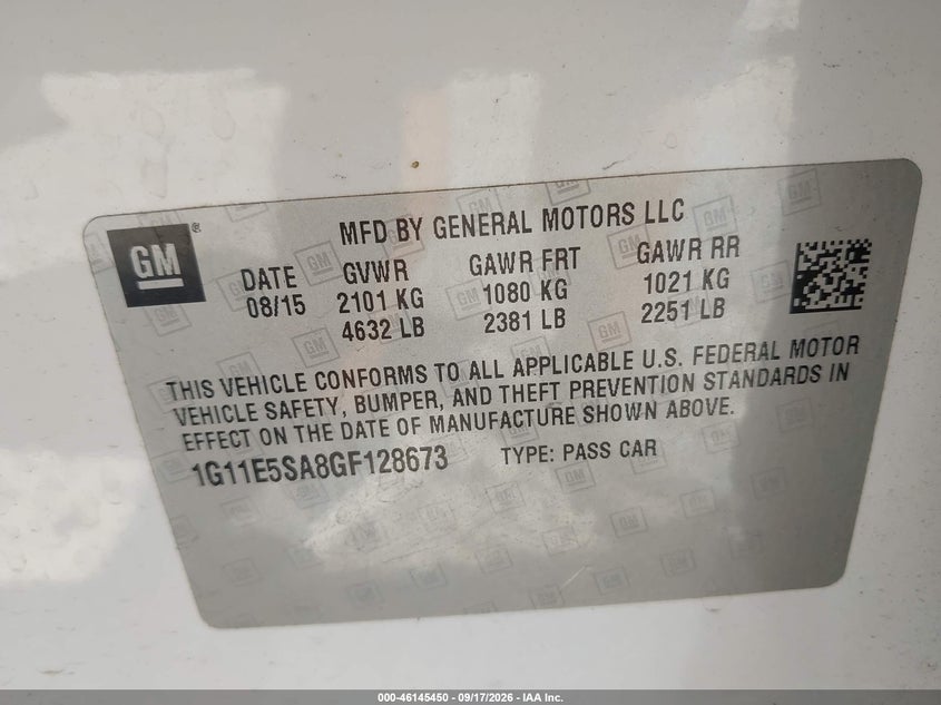 CHEVROLET MALIBU LIMITED 2016 VIN 1G11E5SA8GF128673