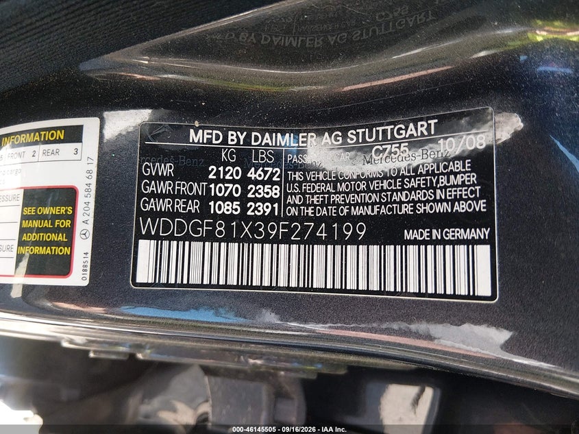 MERCEDES-BENZ C 300 2009 VIN WDDGF81X39F274199