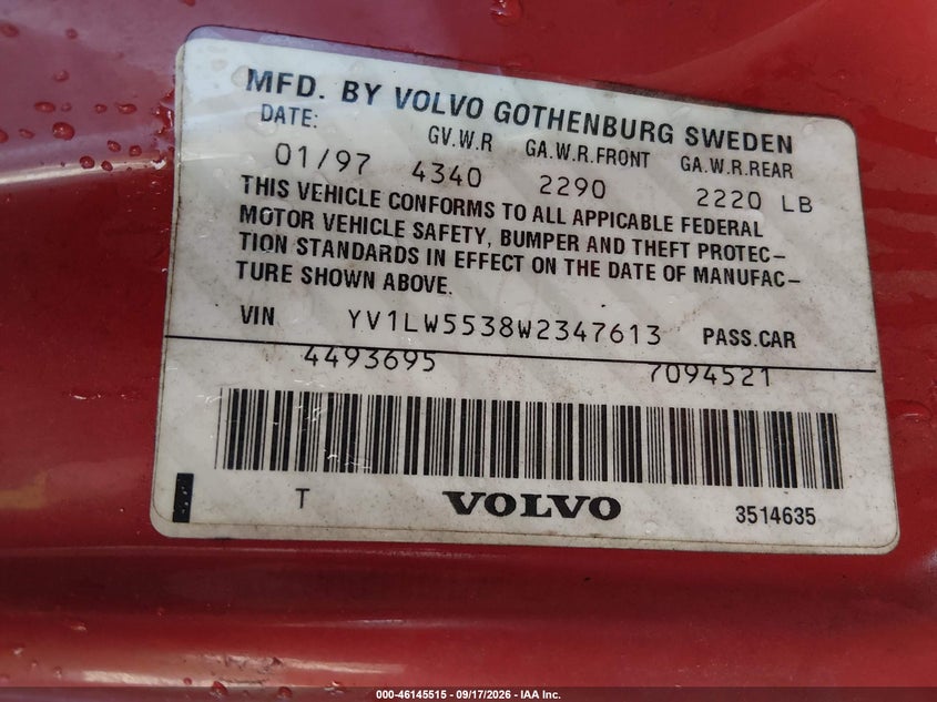 VOLVO V70 1998 VIN YV1LW5538W2347613