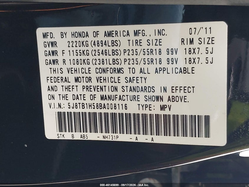 ACURA RDX 2011 VIN 5J8TB1H58BA008116