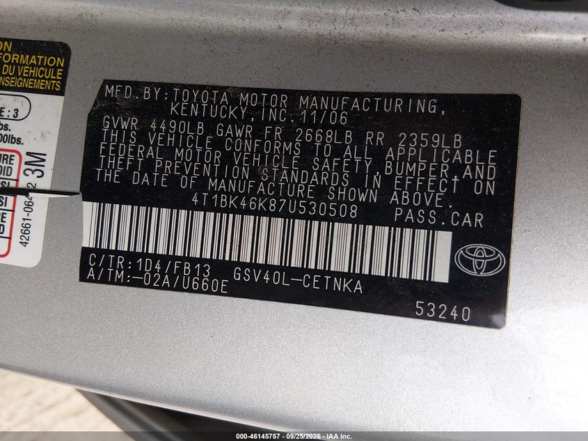 TOYOTA CAMRY 2007 VIN 4T1BK46K87U530508