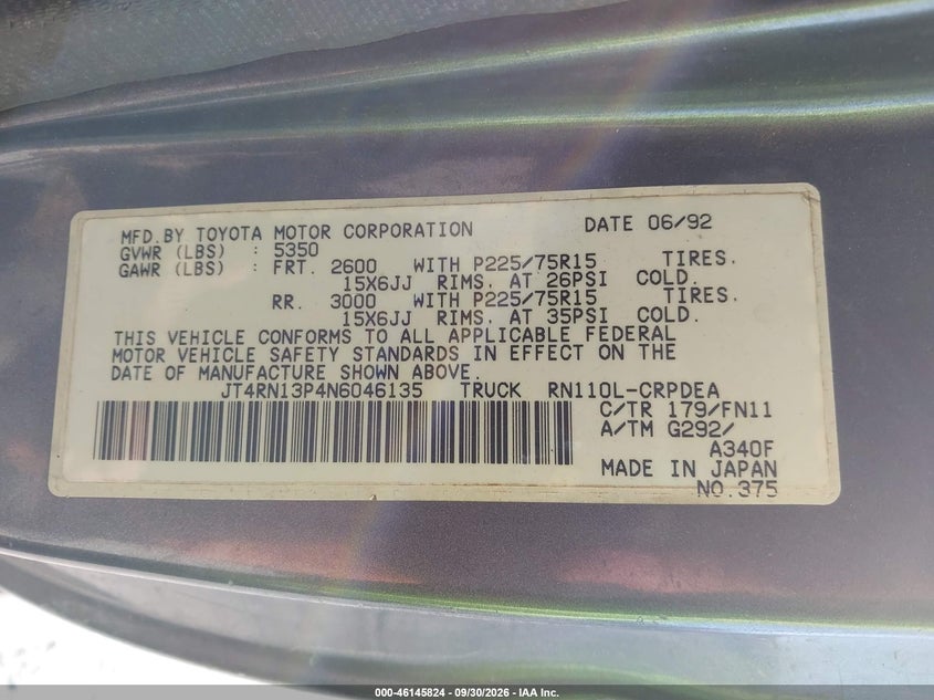 TOYOTA PICKUP 1992 VIN JT4RN13P4N6046135
