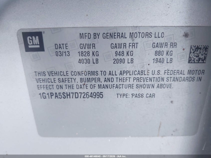 CHEVROLET CRUZE 2013 VIN 1G1PA5SH7D7264995