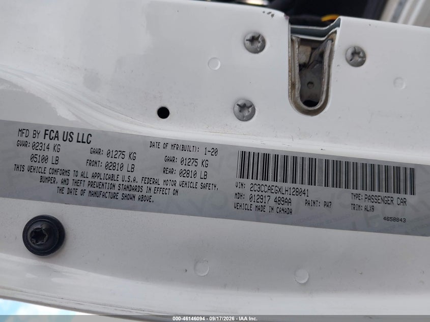 CHRYSLER 300 2020 VIN 2C3CCAEGXLH128041