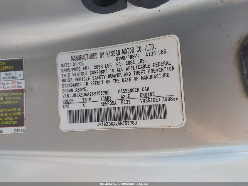 NISSAN 350Z 2005 VIN JN1AZ36A25M755780