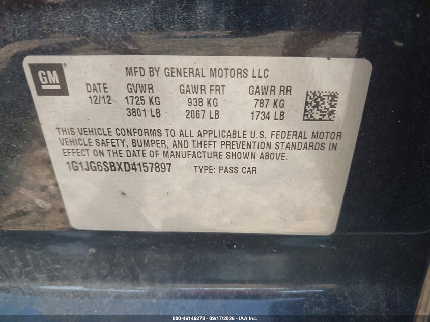 CHEVROLET SONIC 2013 VIN 1G1JG6SBXD4157897