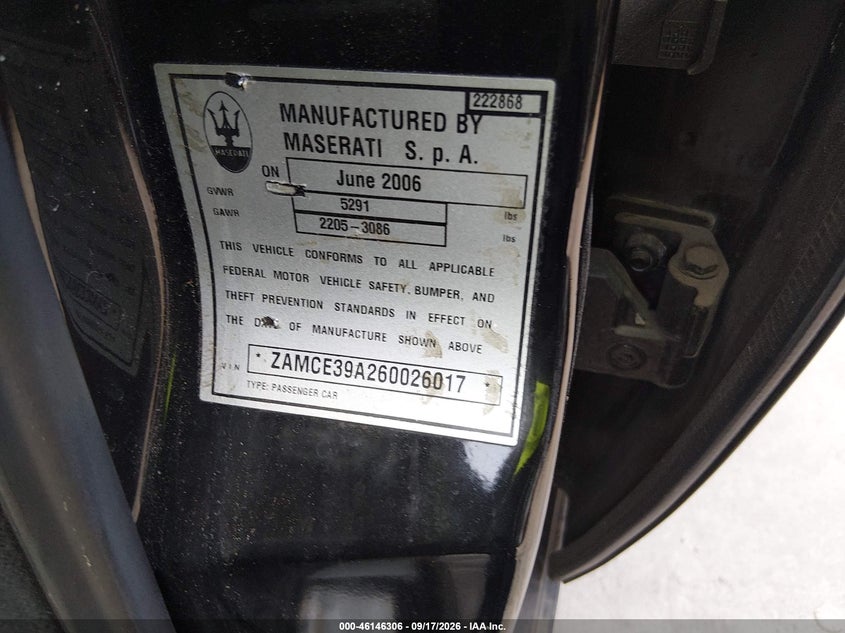 MASERATI QUATTROPORTE 2006 VIN ZAMCE39A260026017