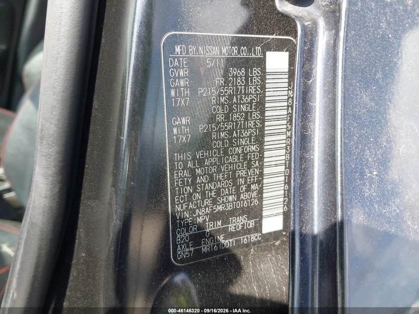 NISSAN JUKE 2011 VIN JN8AF5MR3BT016126