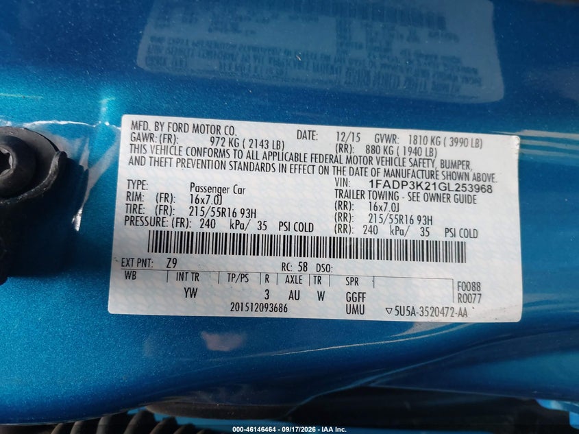 FORD FOCUS 2016 VIN 1FADP3K21GL253968