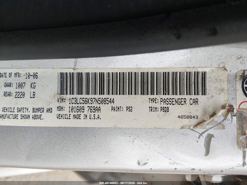 CHRYSLER SEBRING 2007 VIN 1C3LC56K97N508544