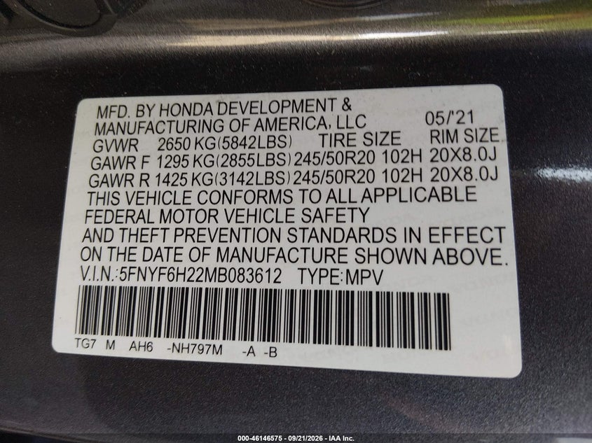HONDA PILOT 2021 VIN 5FNYF6H22MB083612