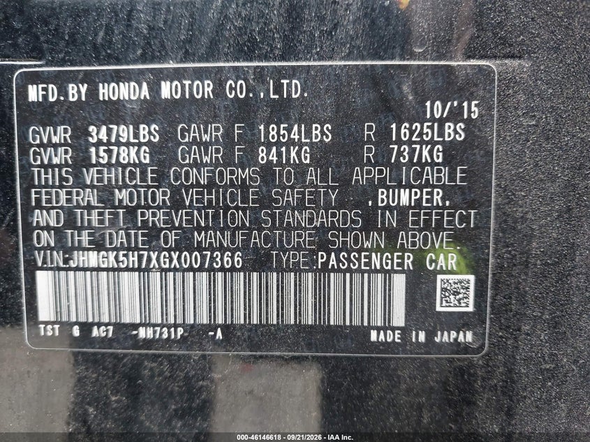 HONDA FIT 2016 VIN JHMGK5H7XGX007366