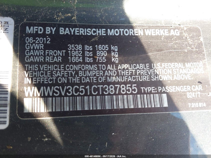 MINI COOPER S 2012 VIN WMWSV3C51CT387855