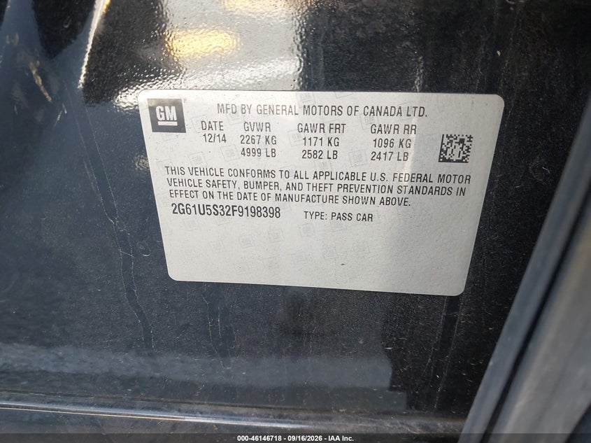 CADILLAC XTS 2015 VIN 2G61U5S32F9198398