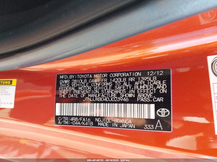 SCION IQ 2013 VIN JTNJJXB04DJ023946