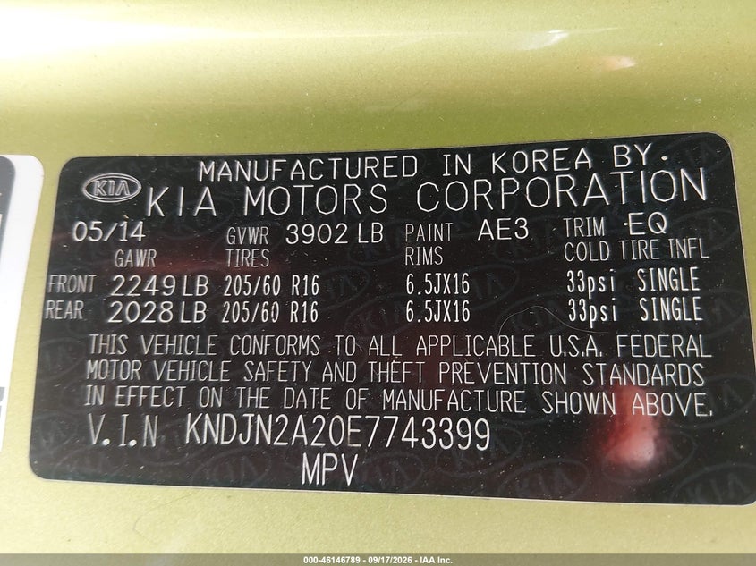 KIA SOUL 2014 VIN KNDJN2A20E7743399
