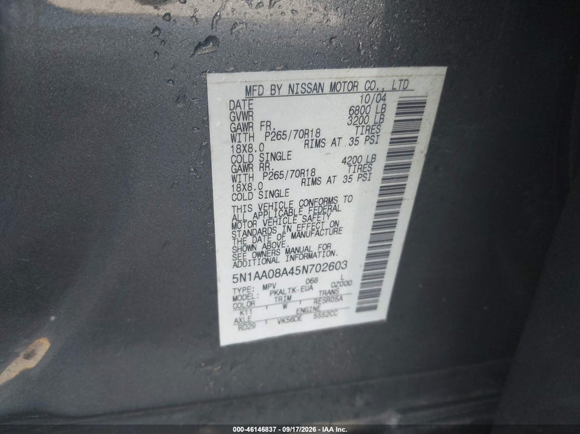 NISSAN ARMADA 2005 VIN 5N1AA08A45N702603