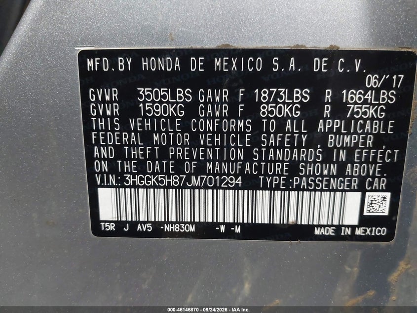 HONDA FIT 2018 VIN 3HGGK5H87JM701294