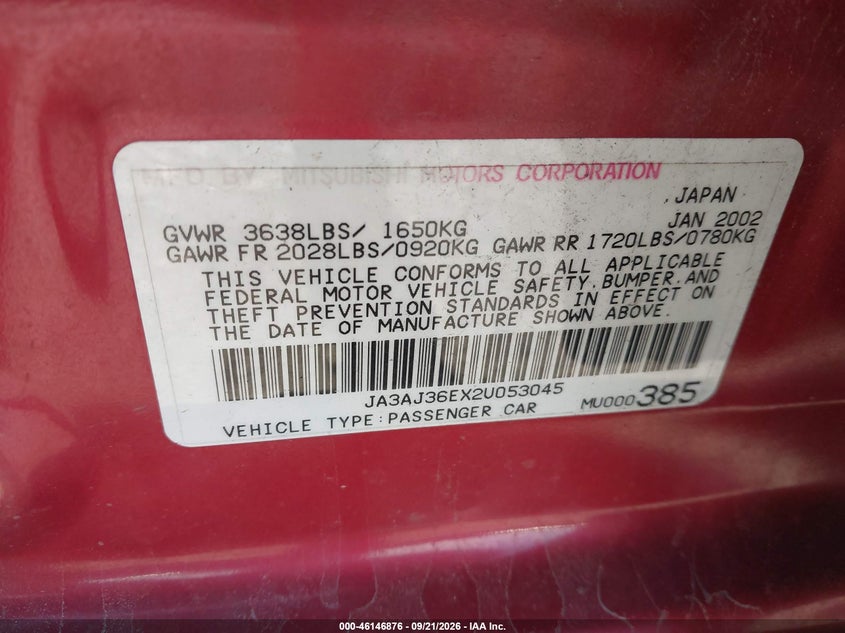MITSUBISHI LANCER 2002 VIN JA3AJ36EX2U053045