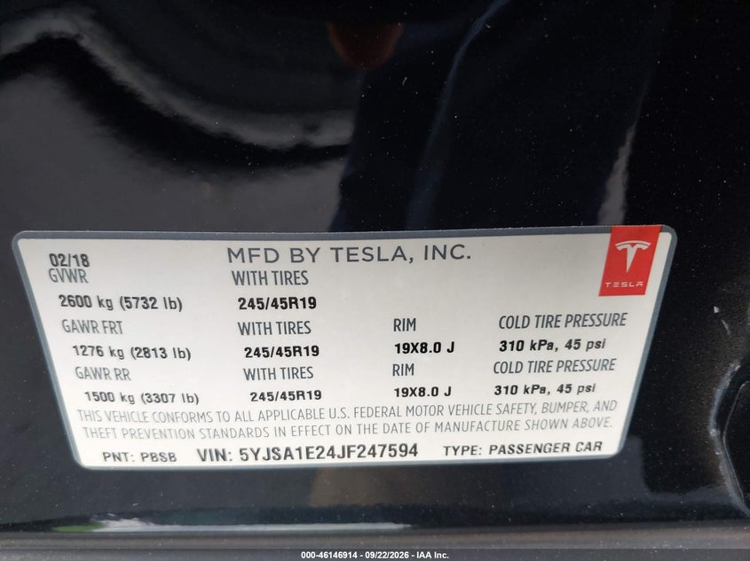 TESLA MODEL S 2018 VIN 5YJSA1E24JF247594