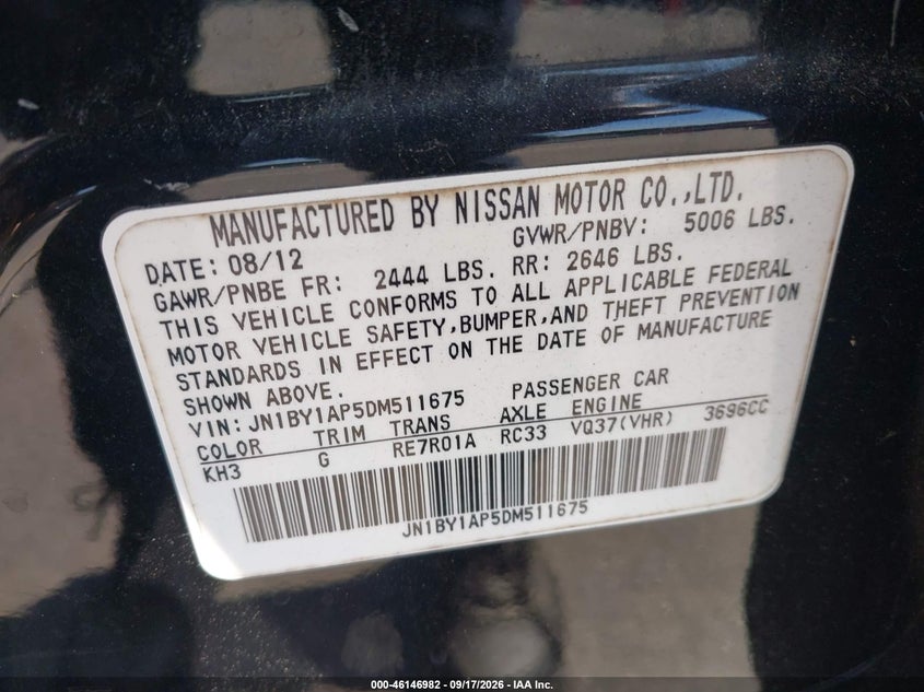 INFINITI M37 2013 VIN JN1BY1AP5DM511675