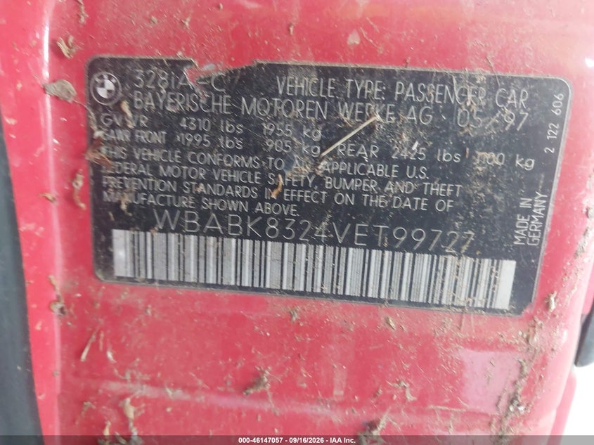 BMW 328IC 1997 VIN WBABK8324VET99727
